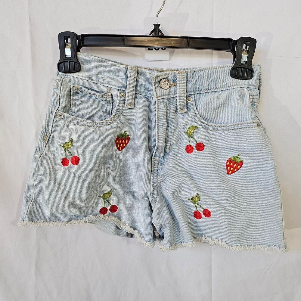 Old Navy Girls 10 Strawberry Cherry Embroidered Denim Shorts Raw Hem